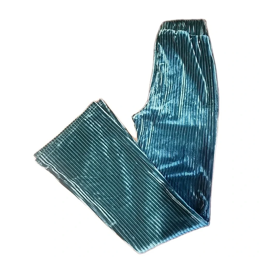 Jon & Anna Green Ribbed Crushed Velvet Ribbed Flare Slacks Pants Sz S Elastic - Picture 2 of 10
